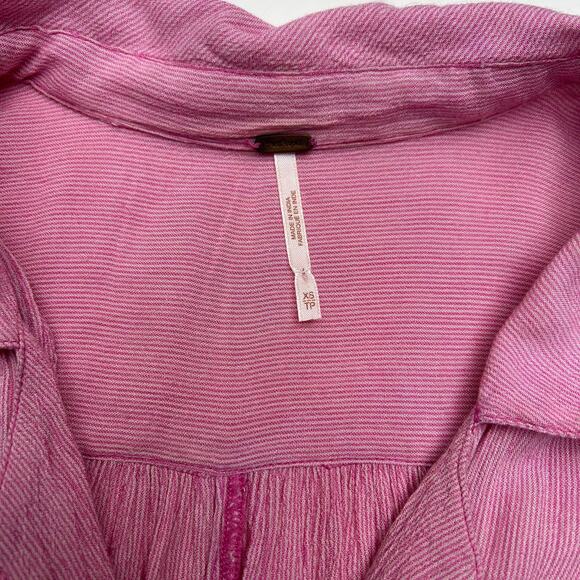 Free People Gauze Shirt Long Sleeve Pink Stripe Pocket High Low Button Up XS - Picture 5 of 11